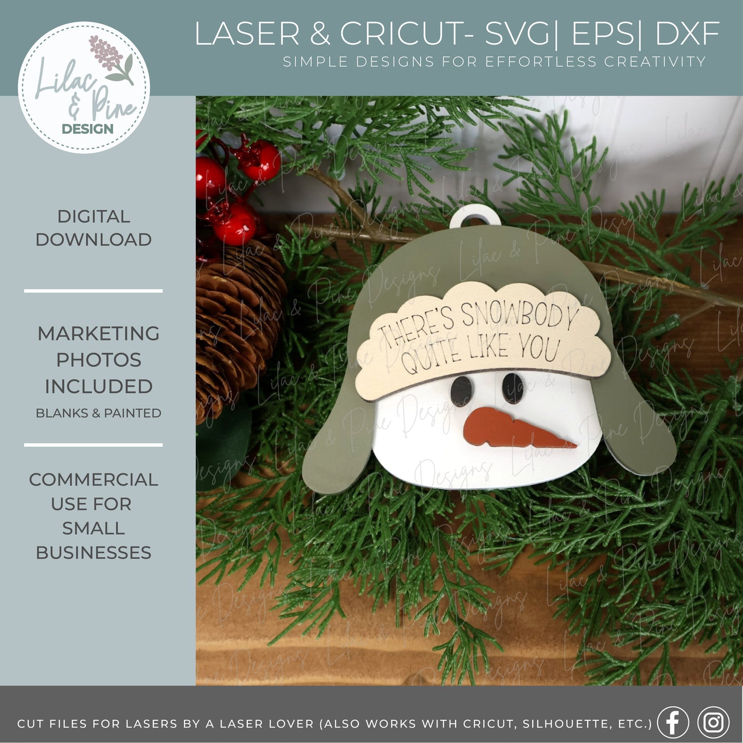Personalized Snowman Ornament SVG – “There’s Snowbody Quite Like You” - Trapper Hat Snowman with patch - laser cut file