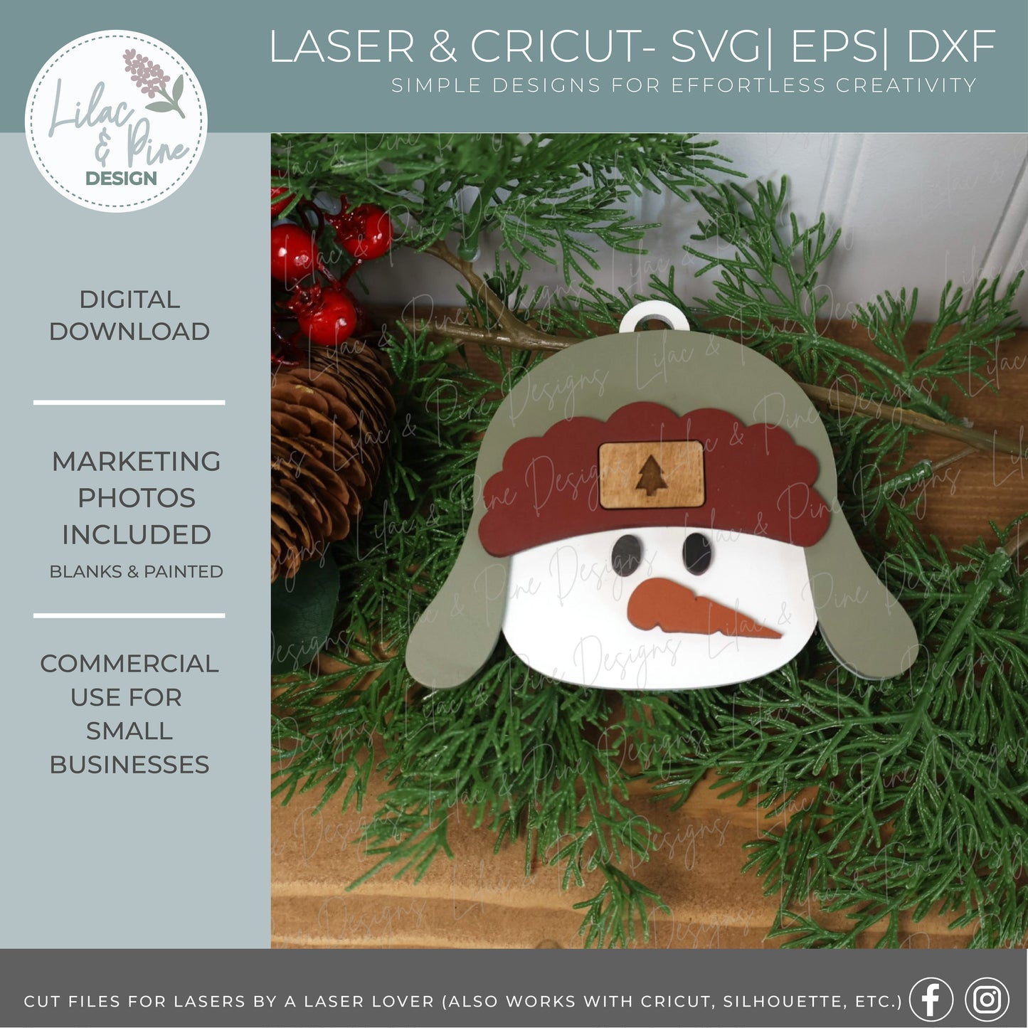 Personalized Snowman Ornament SVG – “There’s Snowbody Quite Like You” - Trapper Hat Snowman with patch - laser cut file