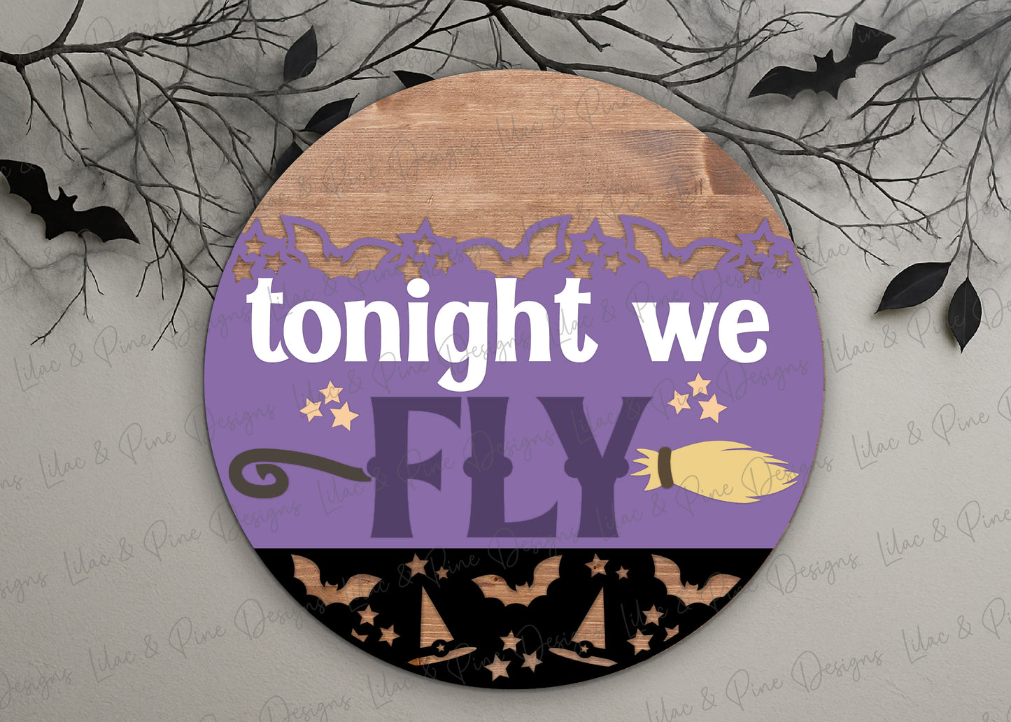 Tonight We Fly Door Hanger SVG – Witch Broom Halloween Laser Cut File - Spooky Season round sign - Cricut compatible