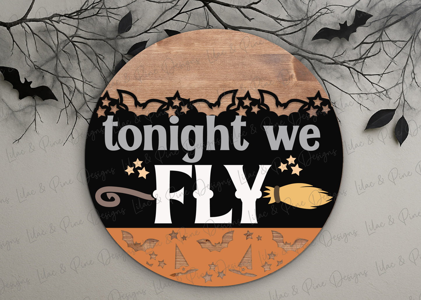 Tonight We Fly Door Hanger SVG – Witch Broom Halloween Laser Cut File - Spooky Season round sign - Cricut compatible