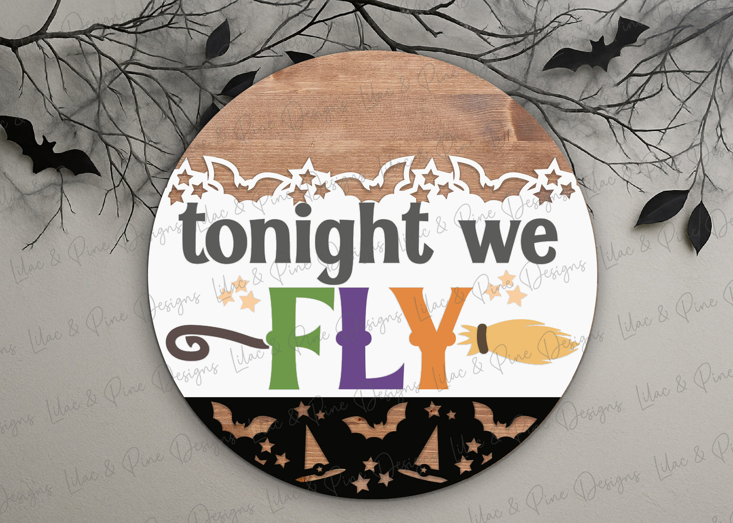 Tonight We Fly Door Hanger SVG – Witch Broom Halloween Laser Cut File - Spooky Season round sign - Cricut compatible