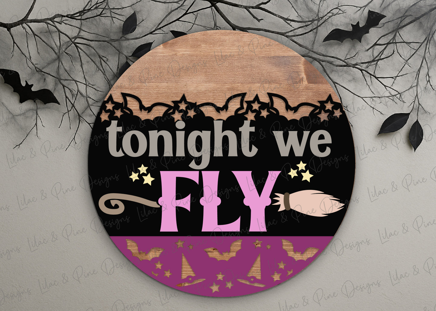 Tonight We Fly Door Hanger SVG – Witch Broom Halloween Laser Cut File - Spooky Season round sign - Cricut compatible