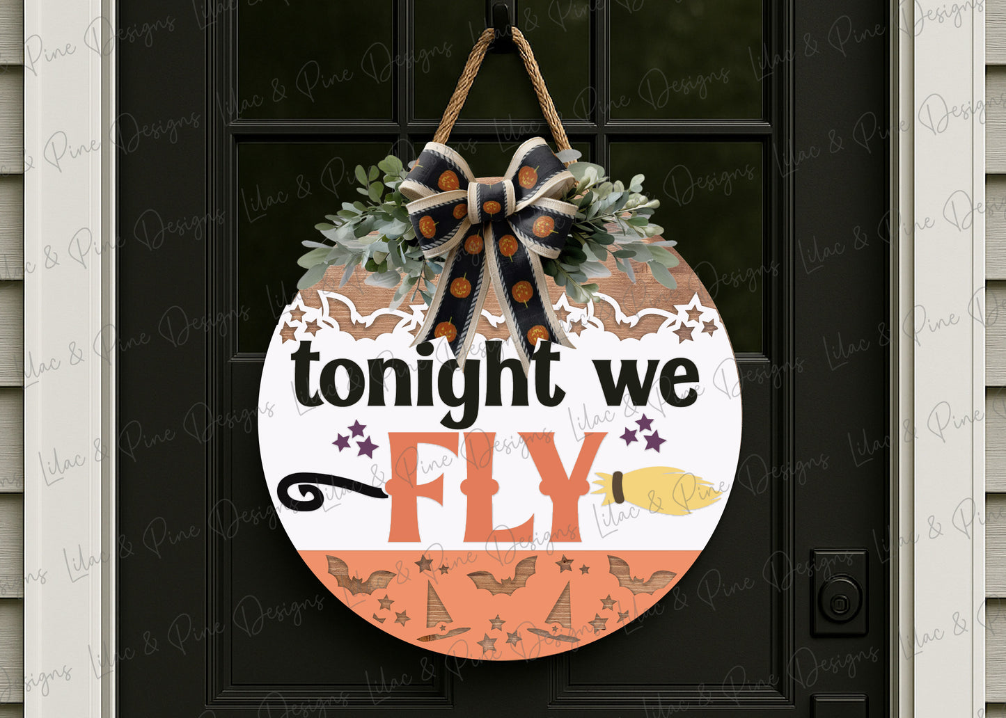 Tonight We Fly Door Hanger SVG – Witch Broom Halloween Laser Cut File - Spooky Season round sign - Cricut compatible