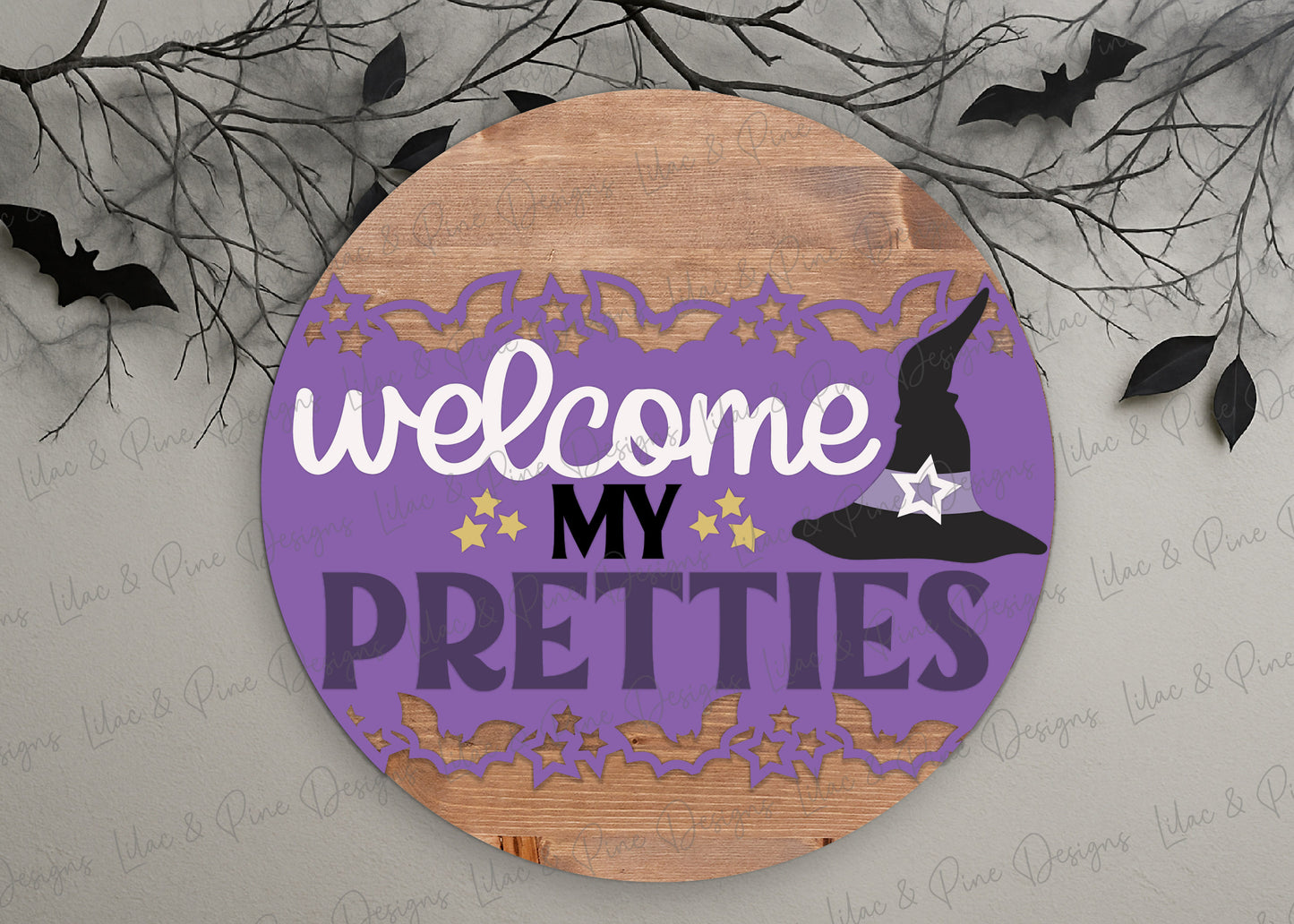 Welcome My Pretties SVG | Halloween Witch Round Door Hanger | Layered Laser Cut Sign File | Witch hat welcome sign | Cricut compatible