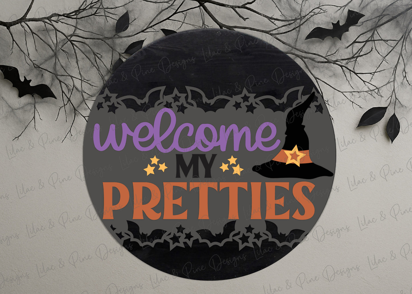 Welcome My Pretties SVG | Halloween Witch Round Door Hanger | Layered Laser Cut Sign File | Witch hat welcome sign | Cricut compatible