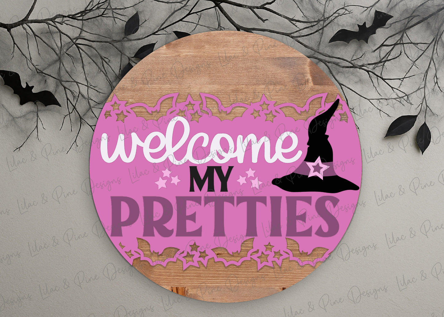 Welcome My Pretties SVG | Halloween Witch Round Door Hanger | Layered Laser Cut Sign File | Witch hat welcome sign | Cricut compatible