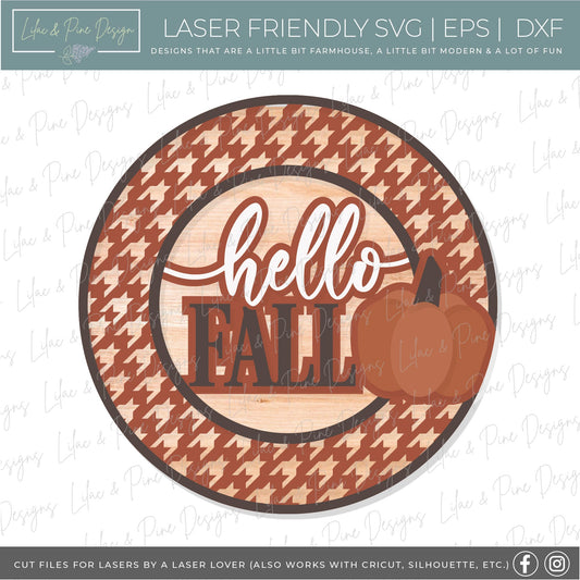 Hello Fall Houndstooth frame sign SVG - pumpkin laser cut file - Cricut compatible