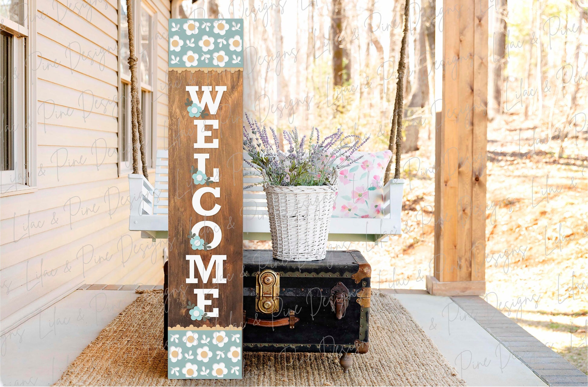 Mod daisy Welcome sign, Floral porch leaner SVG, spring flower laser design, summer daisy porch decor, Glowforge SVG, laser cut file