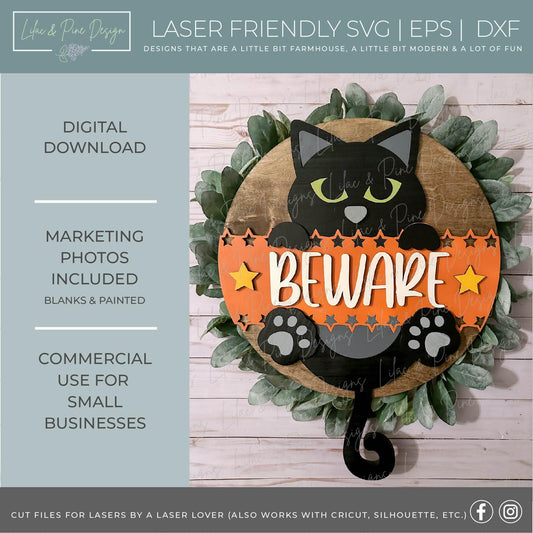 Beware Halloween sign, Black Cat welcome sign SVG, Halloween door hanger, round sign, Halloween decor SVG, Glowforge SVG, laser cut file