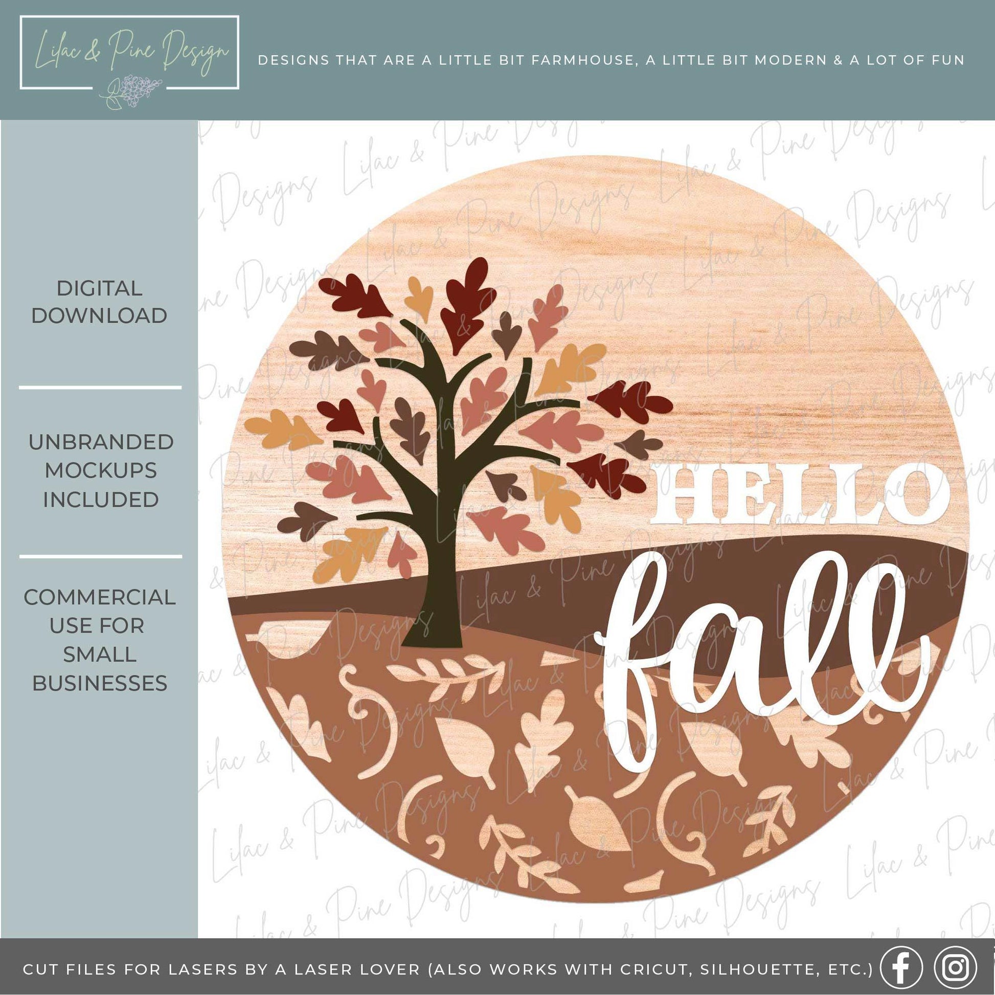 Hello fall door hanger SVG, oak leaf welcome sign SVG, fall porch decor, fall leaves round sign, sign pattern, Glowforge SVG, laser cut file