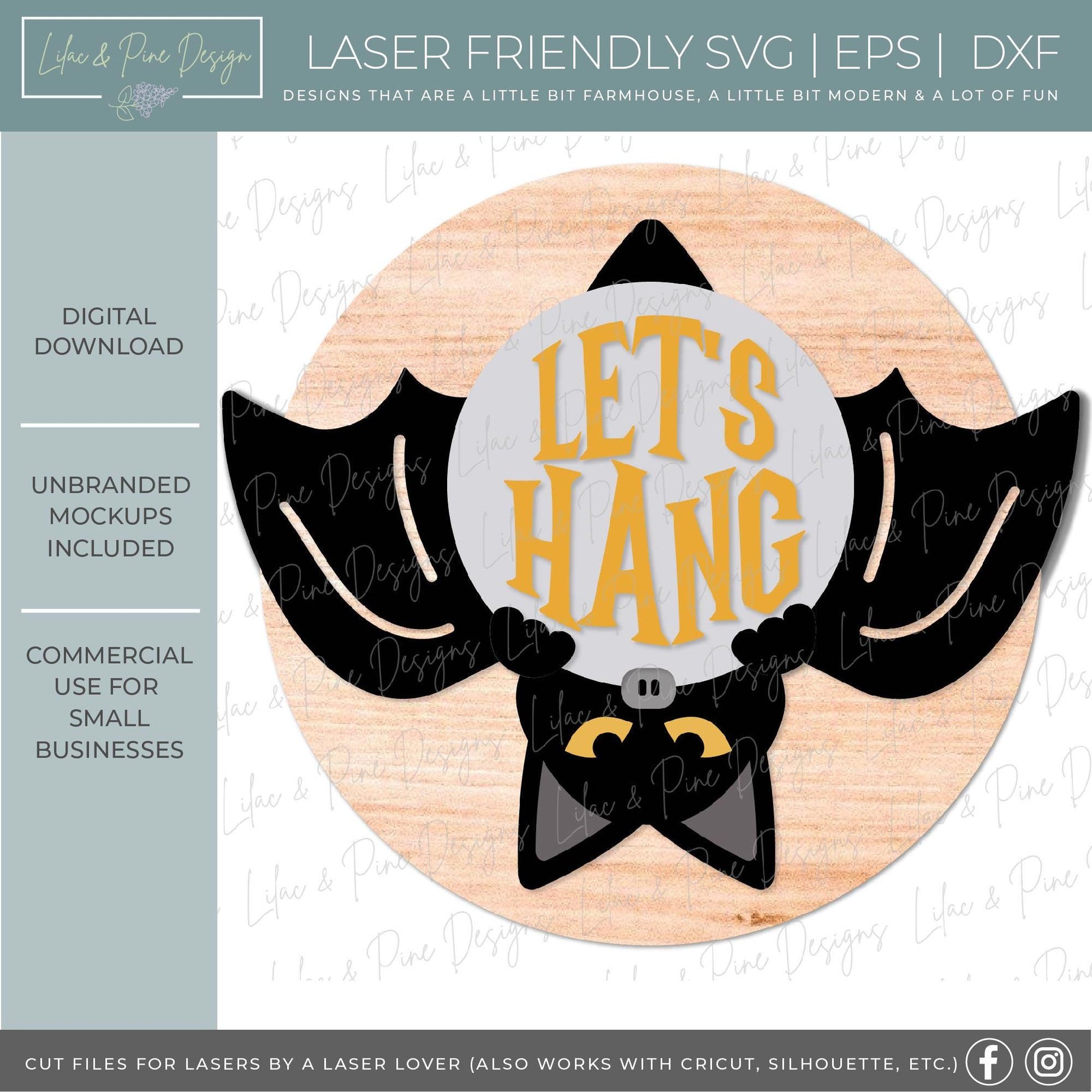 Halloween door hanger SVG, bat welcome sign SVG, let's hang bat sign, spooky sign, door hanger pattern, Glowforge SVG, laser cut file