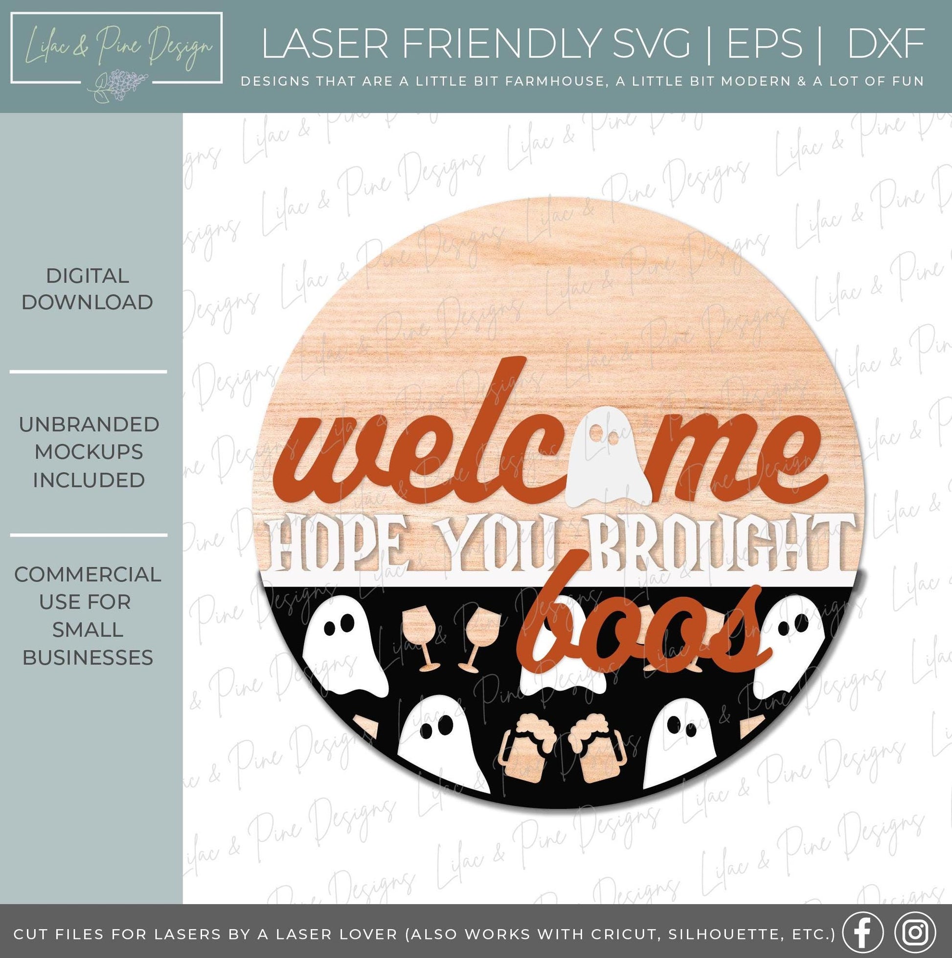 Halloween door hanger SVG, hope you brought boos SVG, ghost welcome sign, spooky sign, door hanger pattern, Glowforge SVG, laser cut file