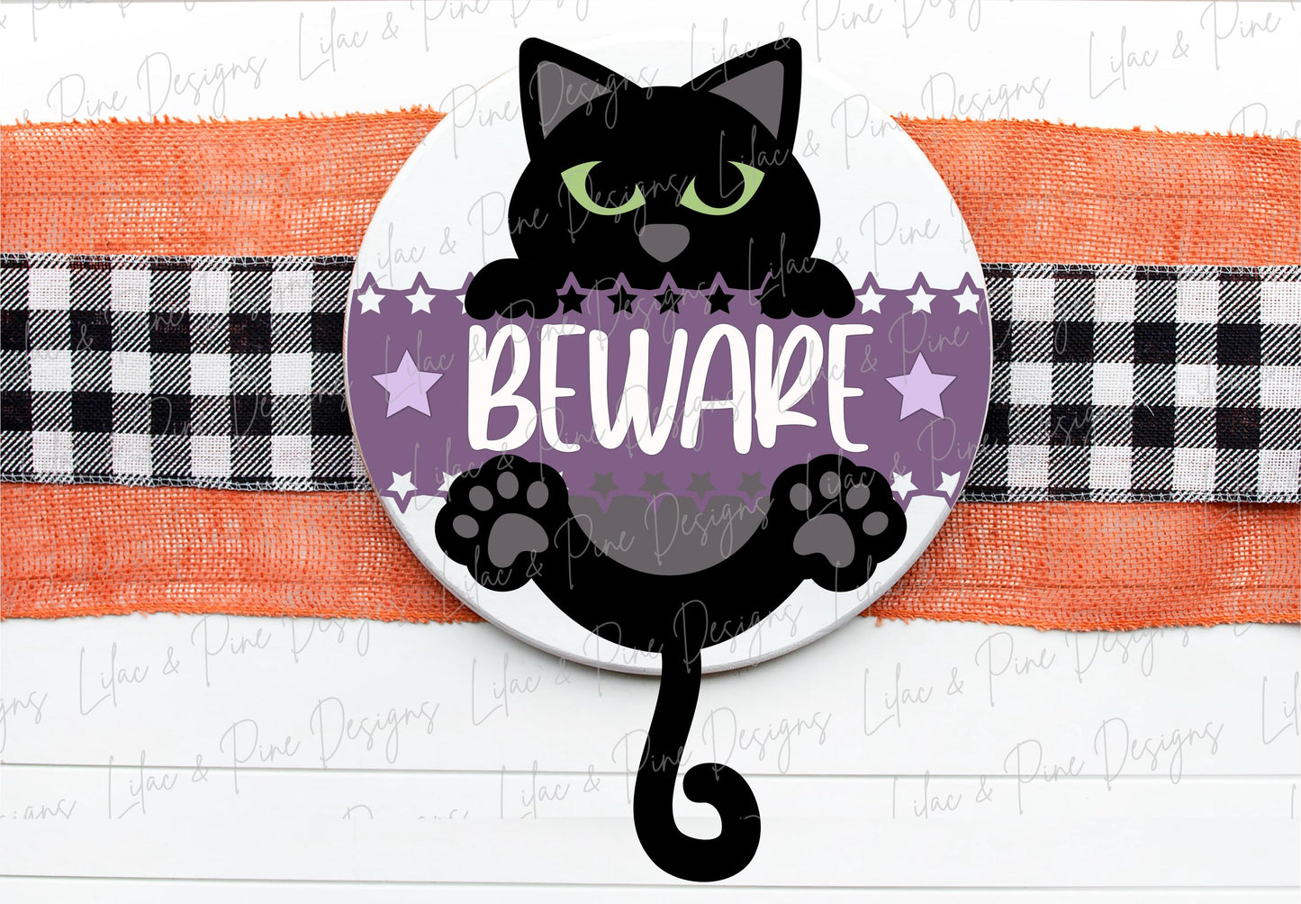 Beware Halloween sign, Black Cat welcome sign SVG, Halloween door hanger, round sign, Halloween decor SVG, Glowforge SVG, laser cut file