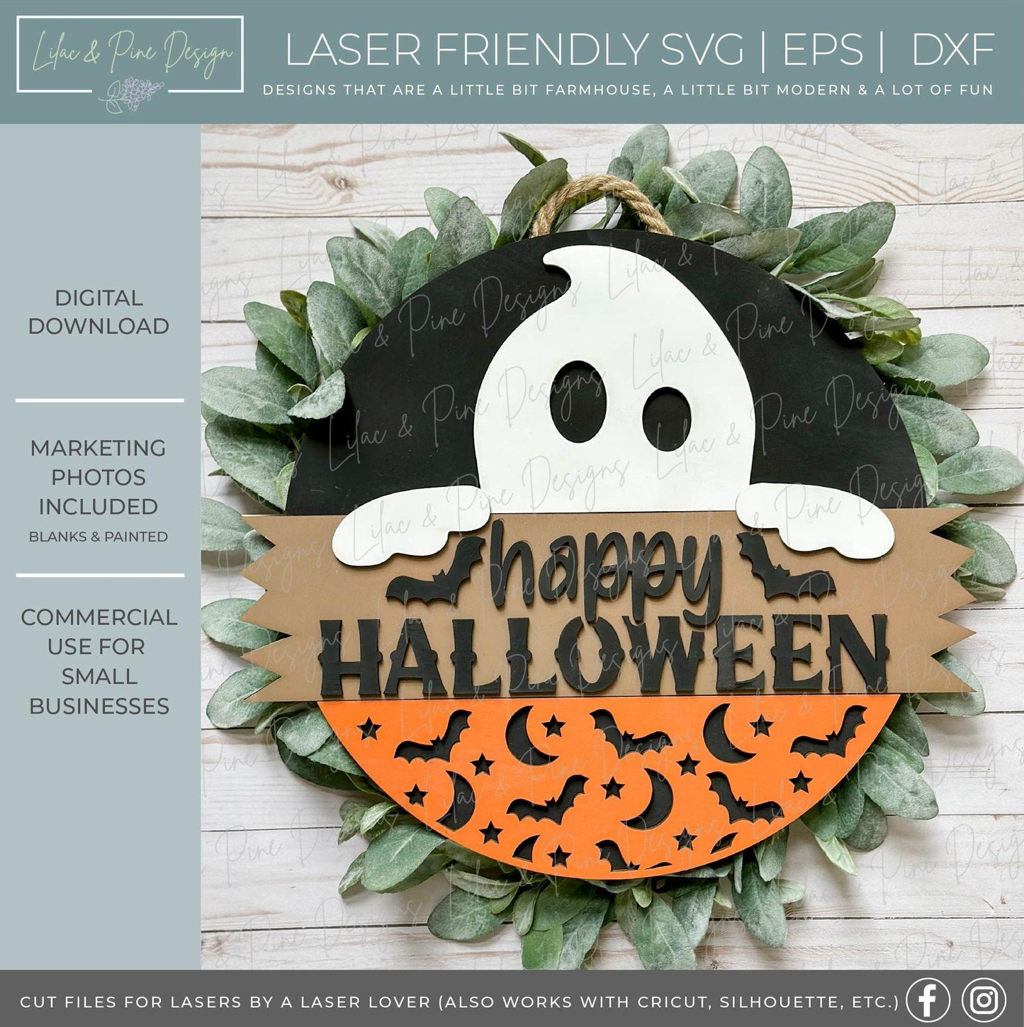 Happy Halloween sign SVG, Ghost welcome sign SVG, Halloween door hanger, round sign, Halloween decor SVG, Glowforge svg, laser cut file