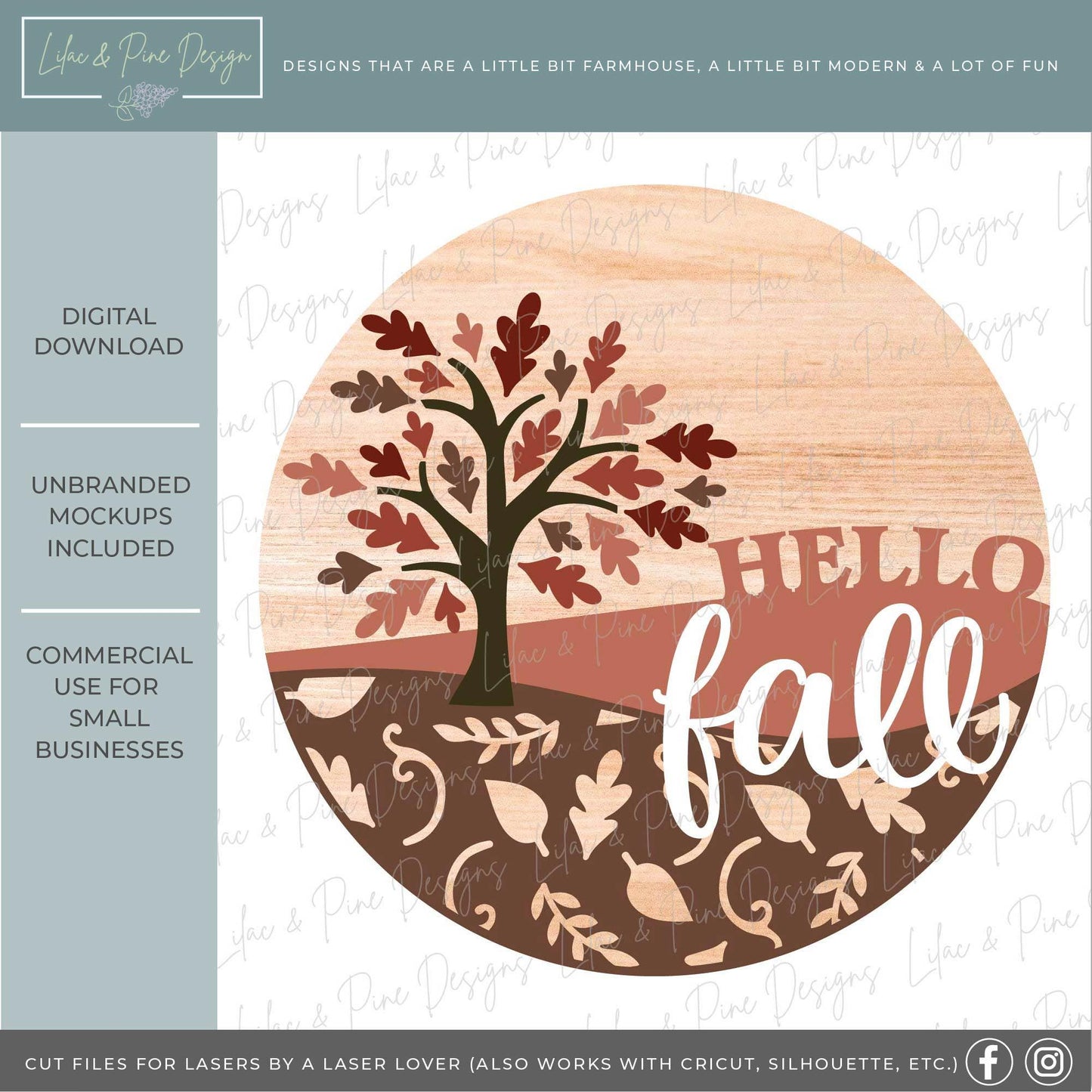 Hello fall door hanger SVG, oak leaf welcome sign SVG, fall porch decor, fall leaves round sign, sign pattern, Glowforge SVG, laser cut file