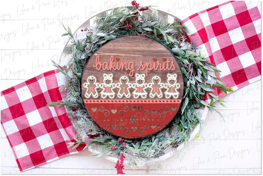 Christmas round sign SVG, Baking Spirits bright SVG, gingerbread door hanger, welcome sign SVG, Glowforge Svg, laser cut file