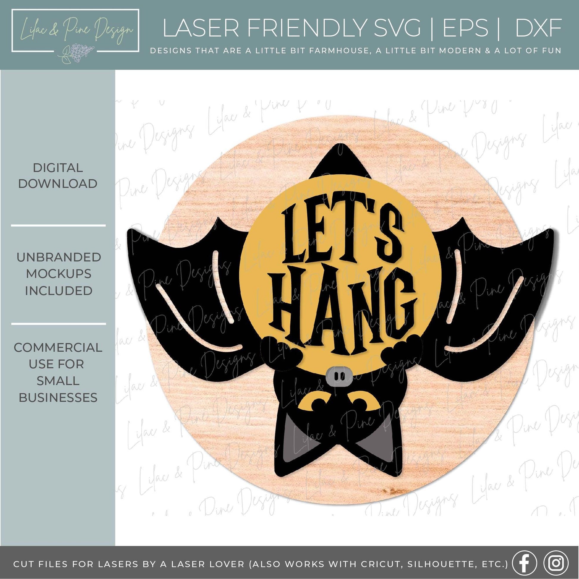 Halloween door hanger SVG, bat welcome sign SVG, let's hang bat sign, spooky sign, door hanger pattern, Glowforge SVG, laser cut file