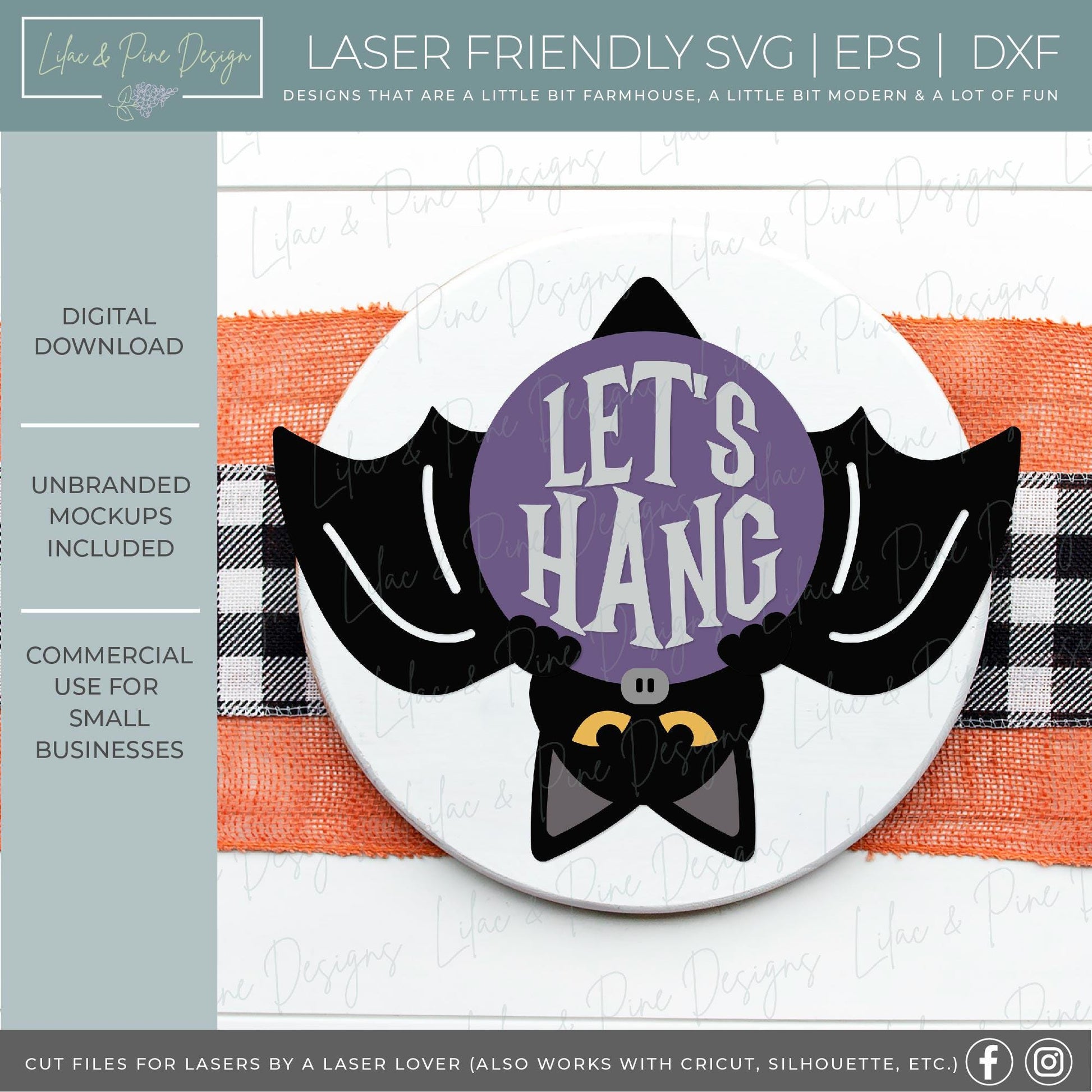 Halloween door hanger SVG, bat welcome sign SVG, let's hang bat sign, spooky sign, door hanger pattern, Glowforge SVG, laser cut file
