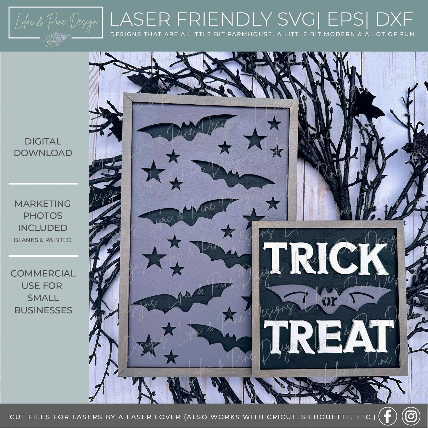 Trick or Treat sign set SVG, Halloween SVG, flying bat signs, Creepy signs SVG, Spooky season decor, Glowforge svg, laser cut file