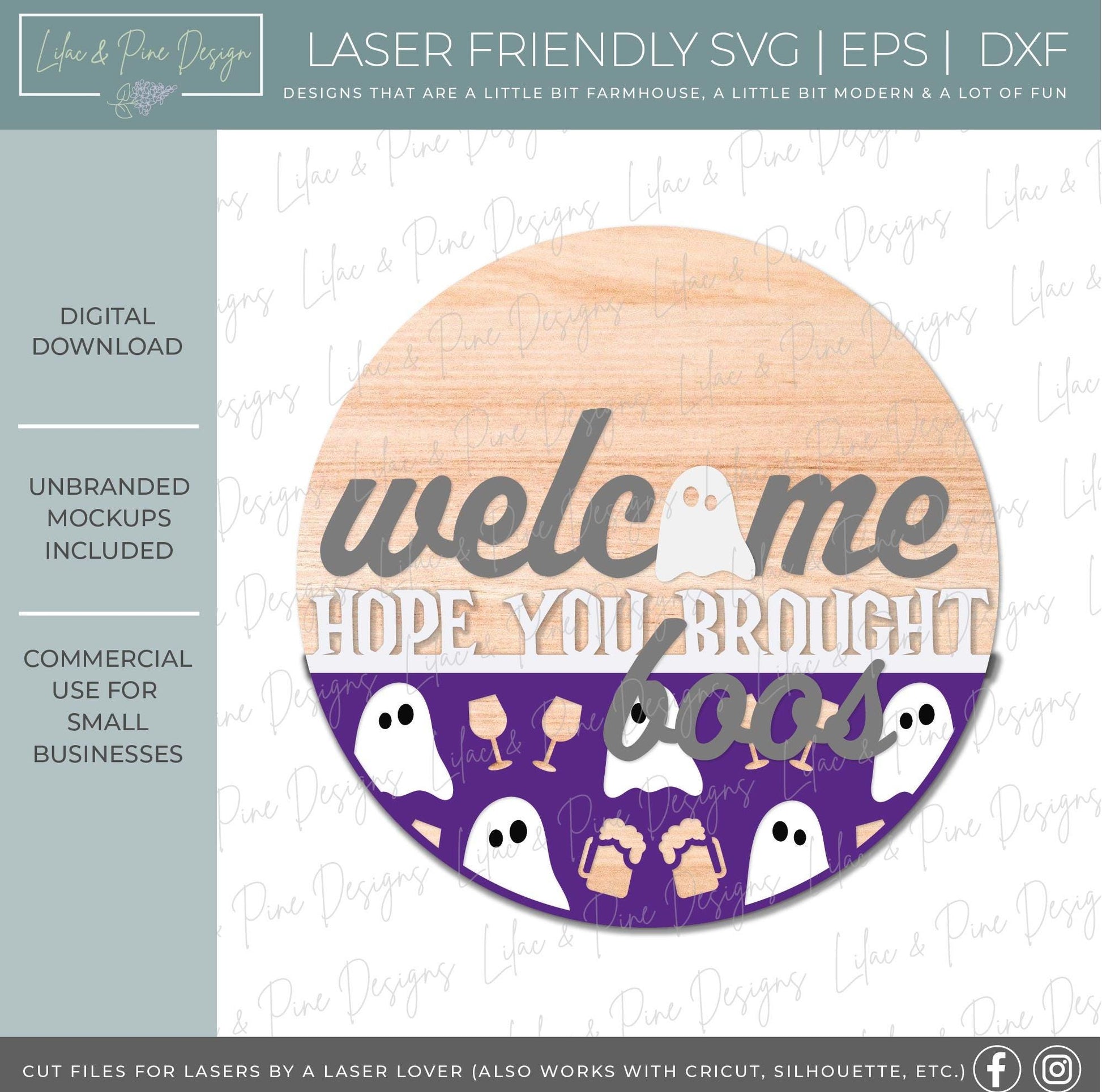 Halloween door hanger SVG, hope you brought boos SVG, ghost welcome sign, spooky sign, door hanger pattern, Glowforge SVG, laser cut file