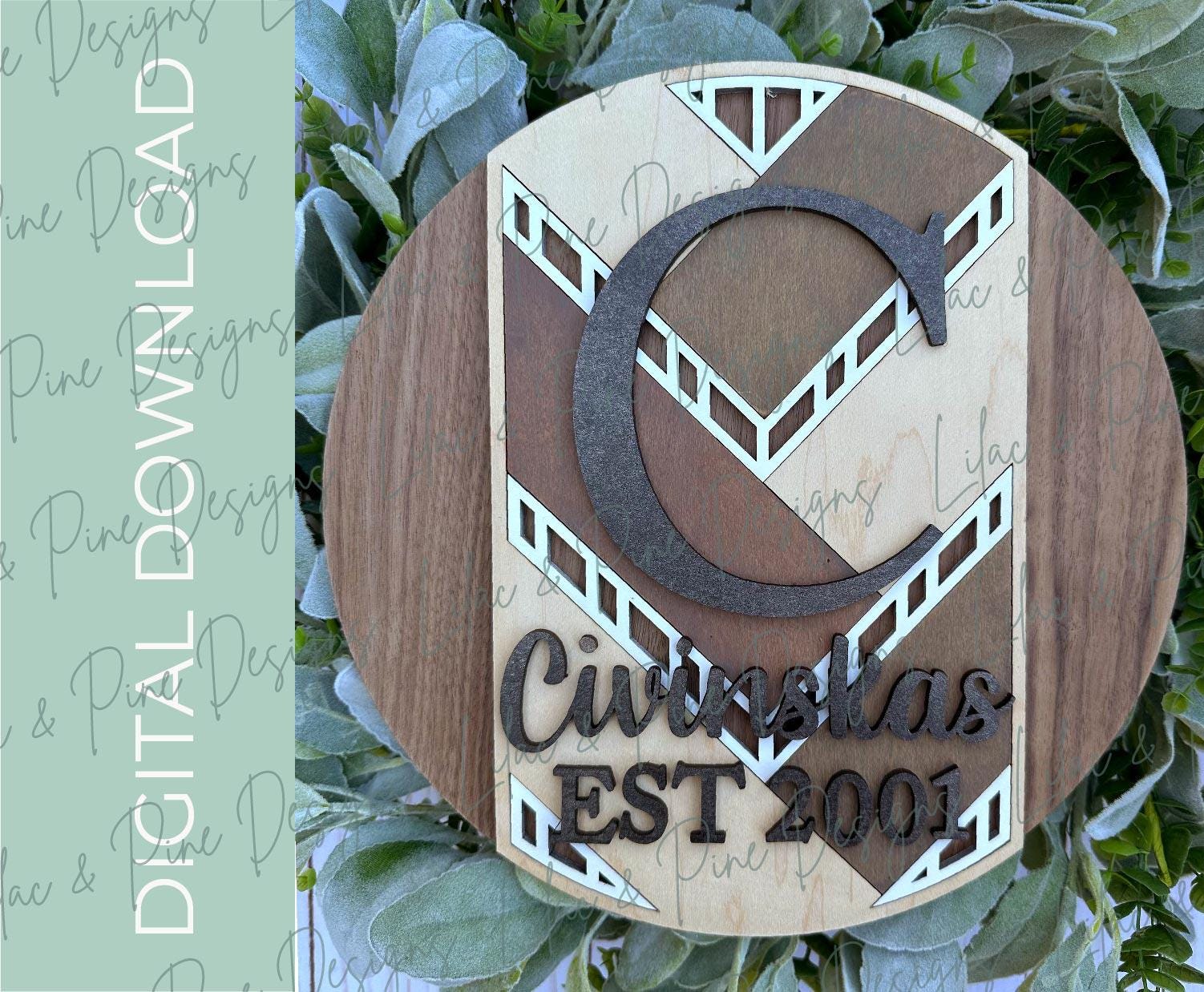 Monogram SVG, Herringbone pattern Initial Sign, Family name sign SVG, modern quilt, Personalized round sign, Glowforge Svg, laser cut file