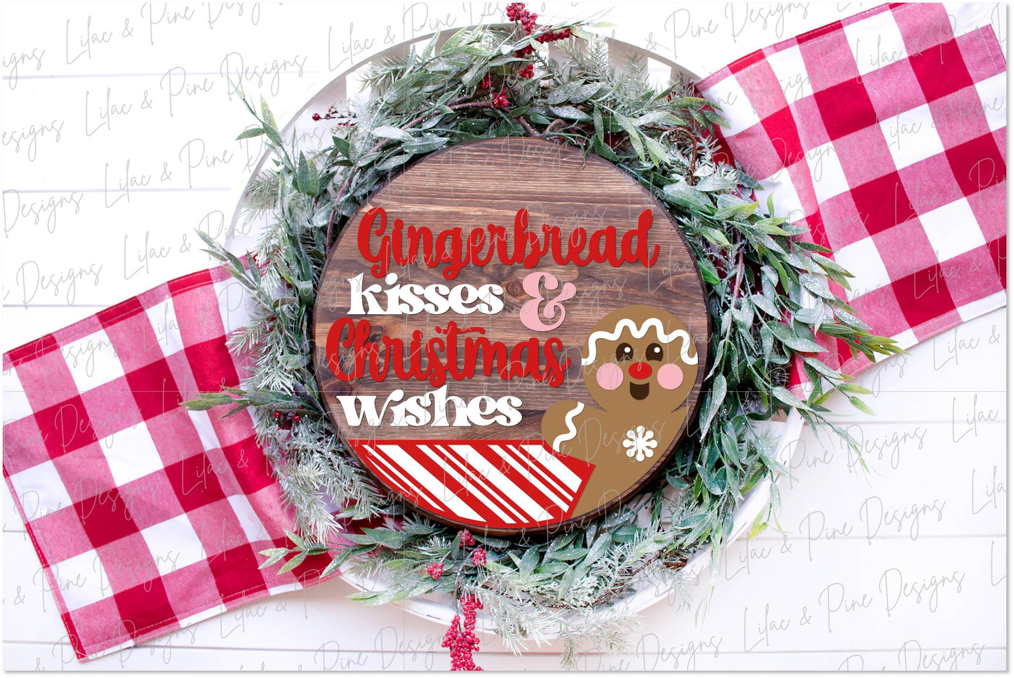 Gingerbread round sign SVG, Christmas door hanger, Gingerbread kisses and Christmas wishes SVG, welcome sign, Glowforge Svg, laser cut file