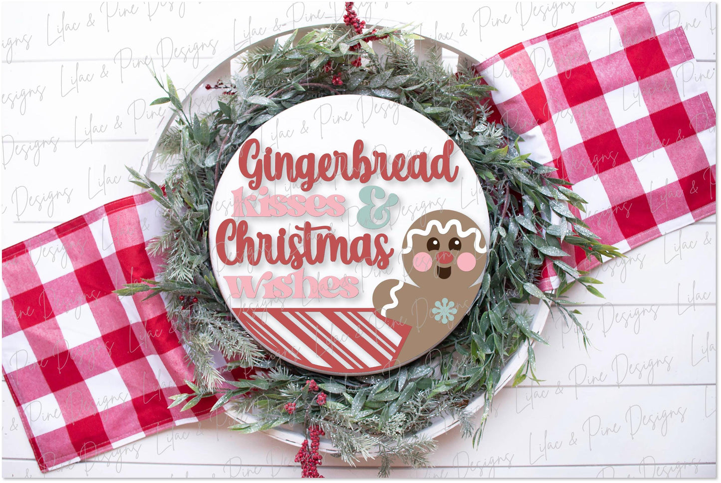 Gingerbread round sign SVG, Christmas door hanger, Gingerbread kisses and Christmas wishes SVG, welcome sign, Glowforge Svg, laser cut file
