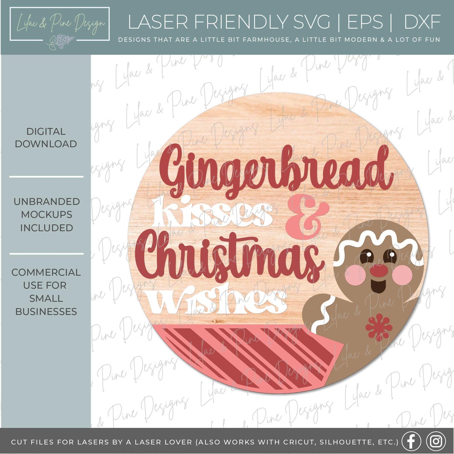 Gingerbread round sign SVG, Christmas door hanger, Gingerbread kisses and Christmas wishes SVG, welcome sign, Glowforge Svg, laser cut file