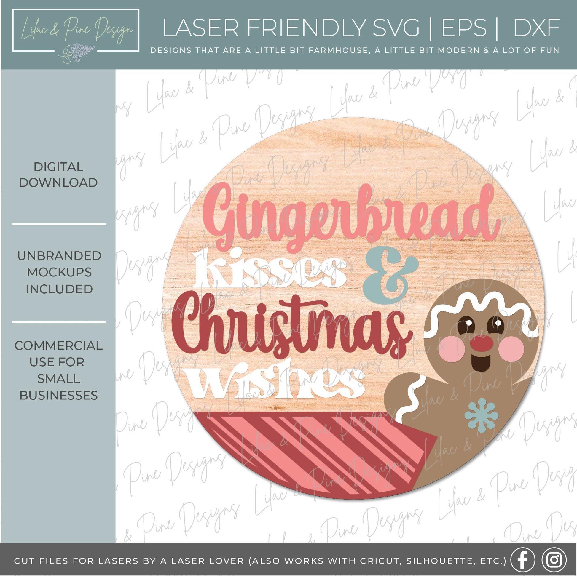 Gingerbread round sign SVG, Christmas door hanger, Gingerbread kisses and Christmas wishes SVG, welcome sign, Glowforge Svg, laser cut file