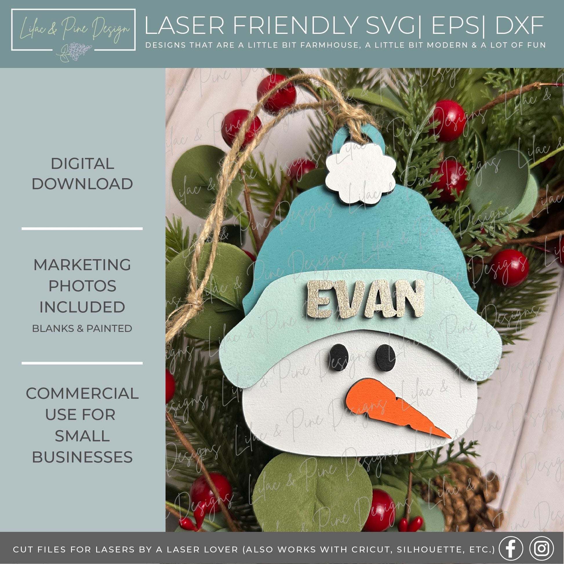 Christmas Ornament SVG, snowman name ornament SVG, 2024 ornament, ornament kit svg, personalized Glowforge SVG, laser cut file