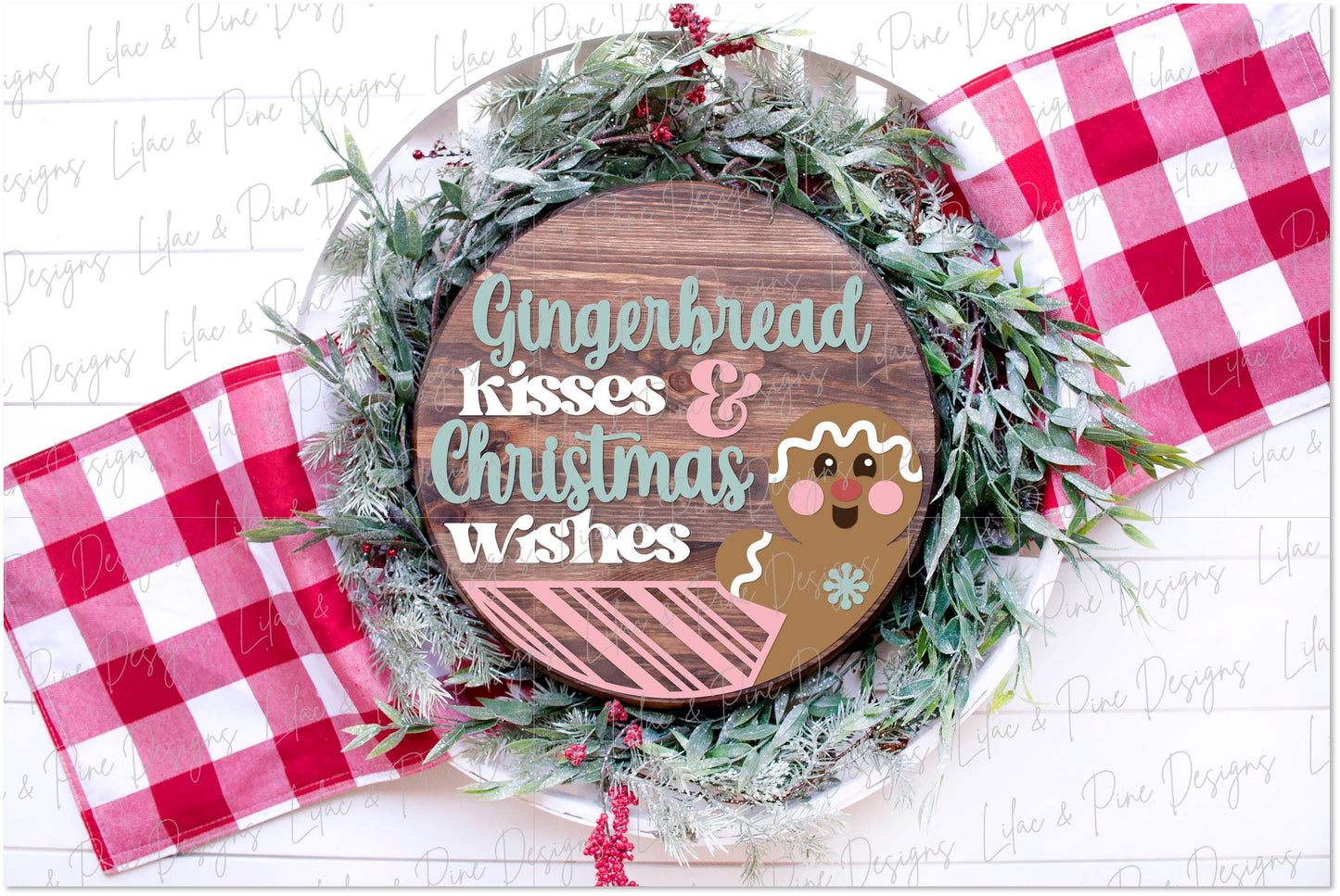 Gingerbread round sign SVG, Christmas door hanger, Gingerbread kisses and Christmas wishes SVG, welcome sign, Glowforge Svg, laser cut file