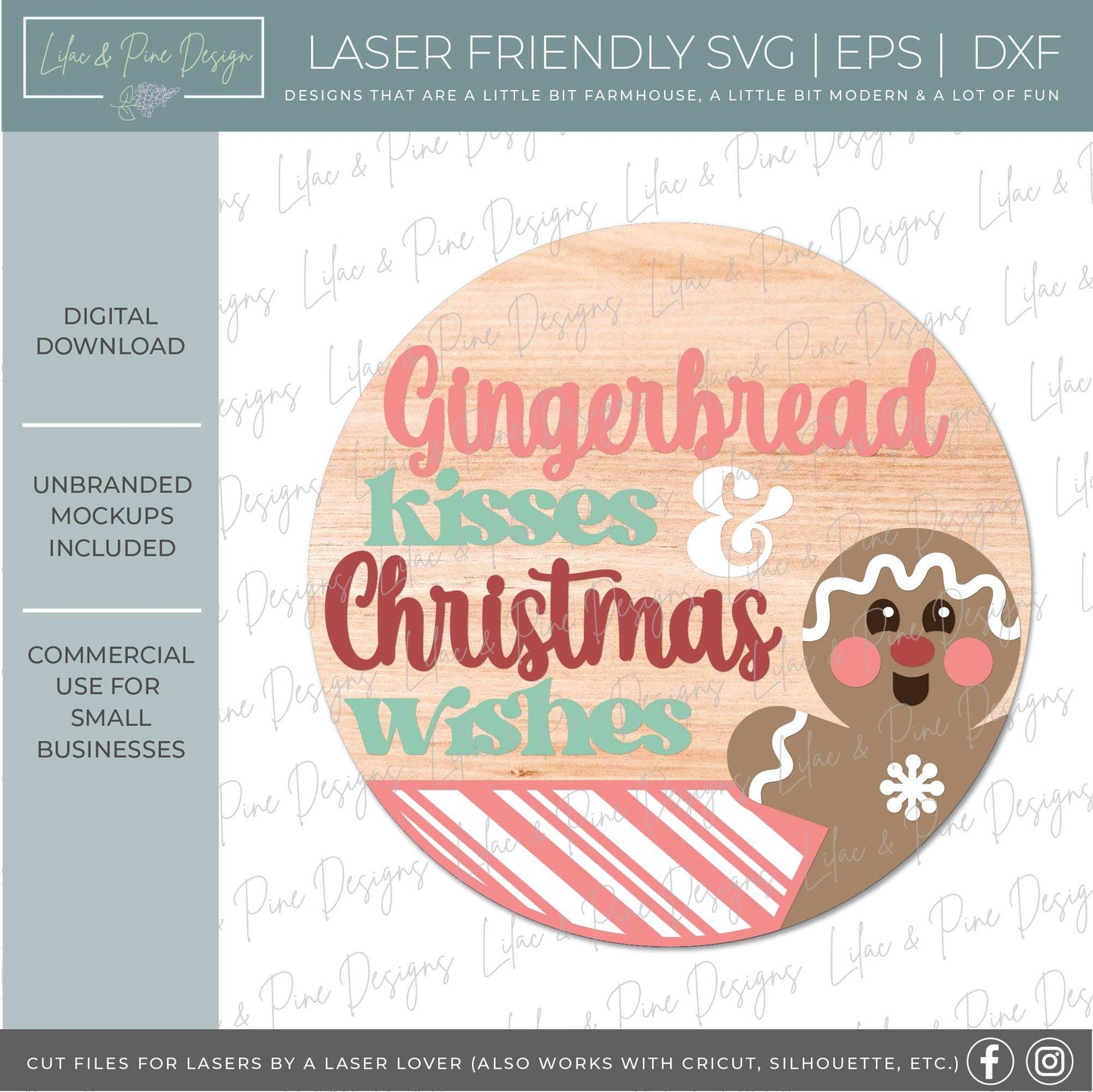 Gingerbread round sign SVG, Christmas door hanger, Gingerbread kisses and Christmas wishes SVG, welcome sign, Glowforge Svg, laser cut file