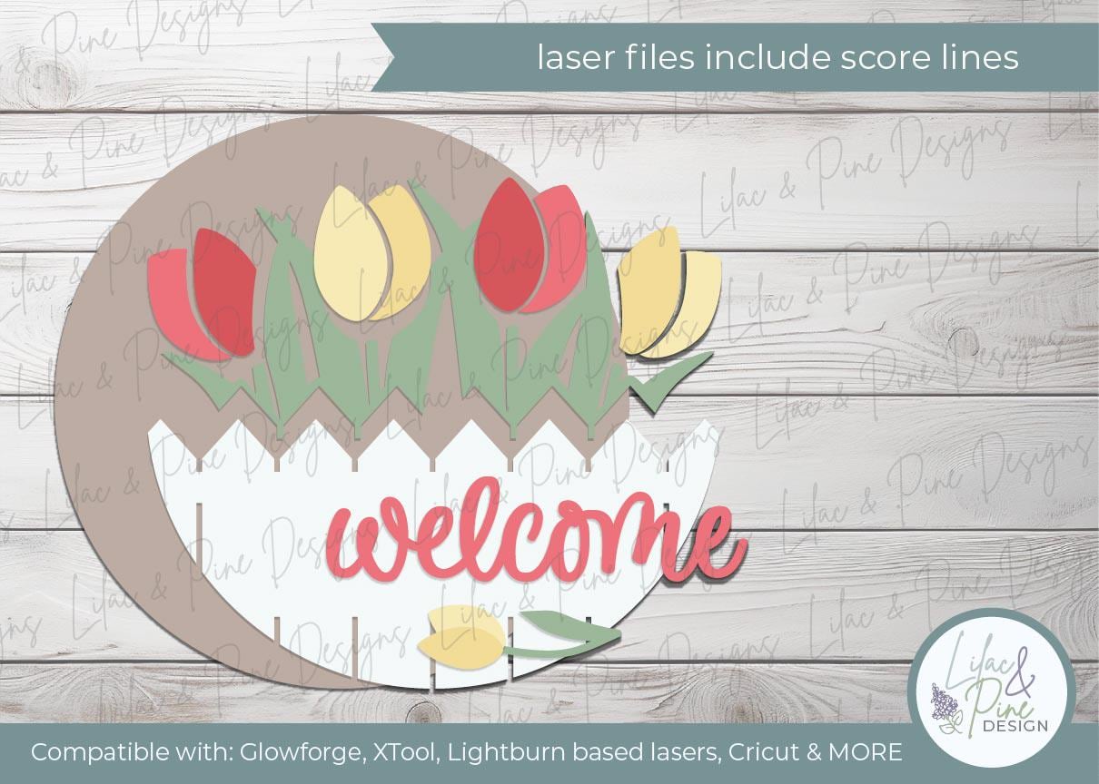 tulip door hanger SVG, spring floral welcome sign SVG, spring flower round sign, Glowforge Svg, laser cut file, Cricut SVG, digital download