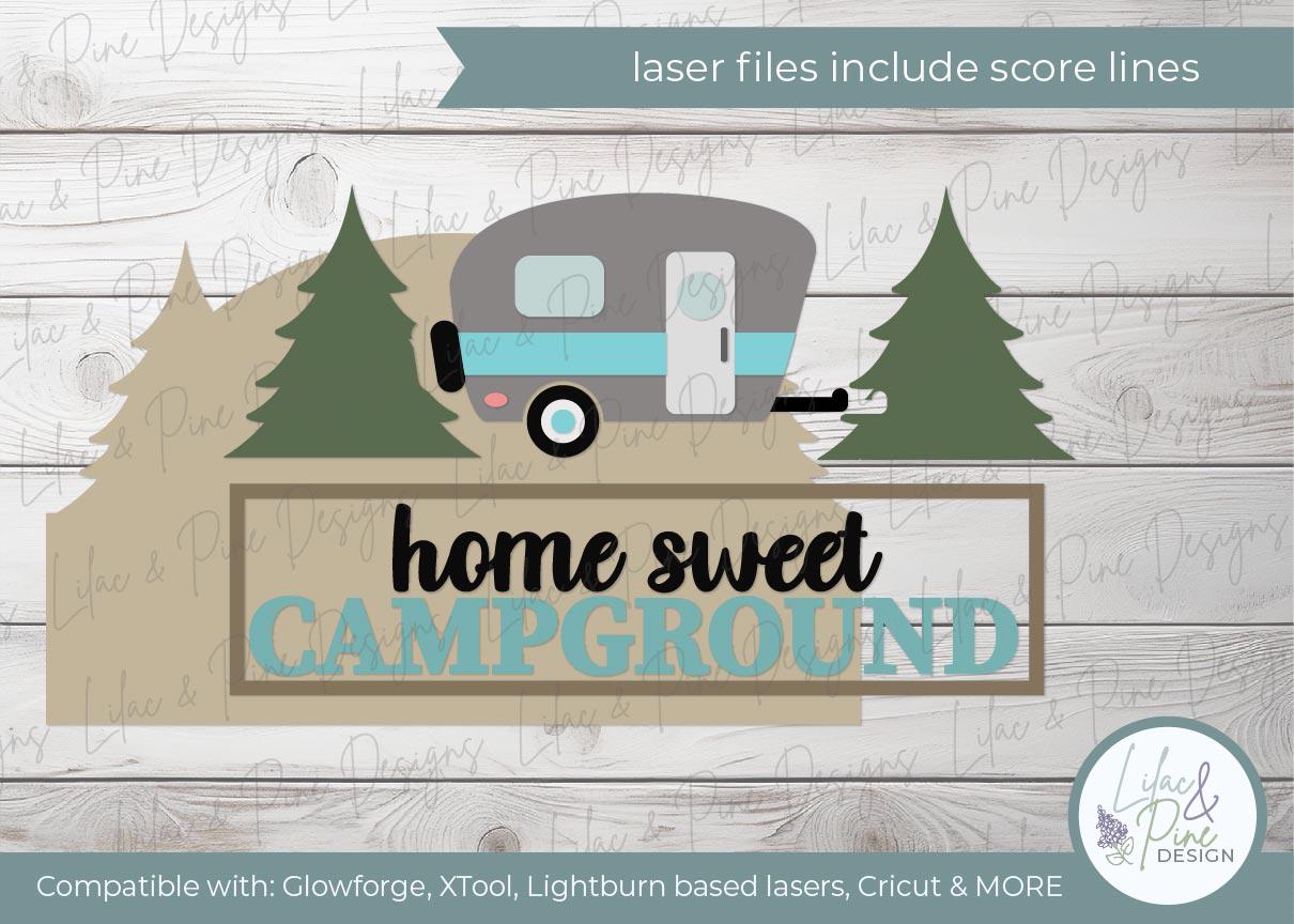 home sweet campground SVG, camper sign SVG, campsite welcome sign svg, retro camper svg, Glowforge SVG, laser cut file, digital download