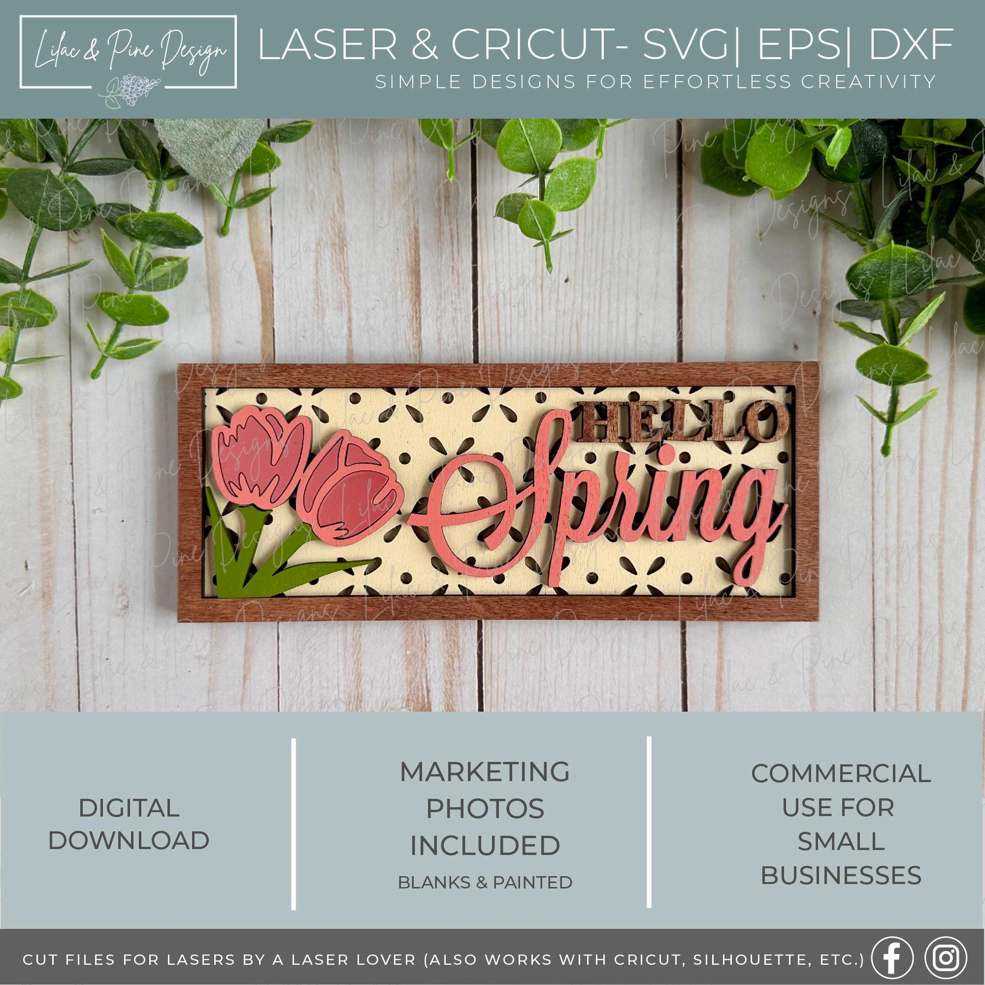 Hello Spring sign SVG, Spring floral decor SVG, Spring tulip sign, digital download, floral shelf sitter SVG, Glowforge Svg, laser cut file