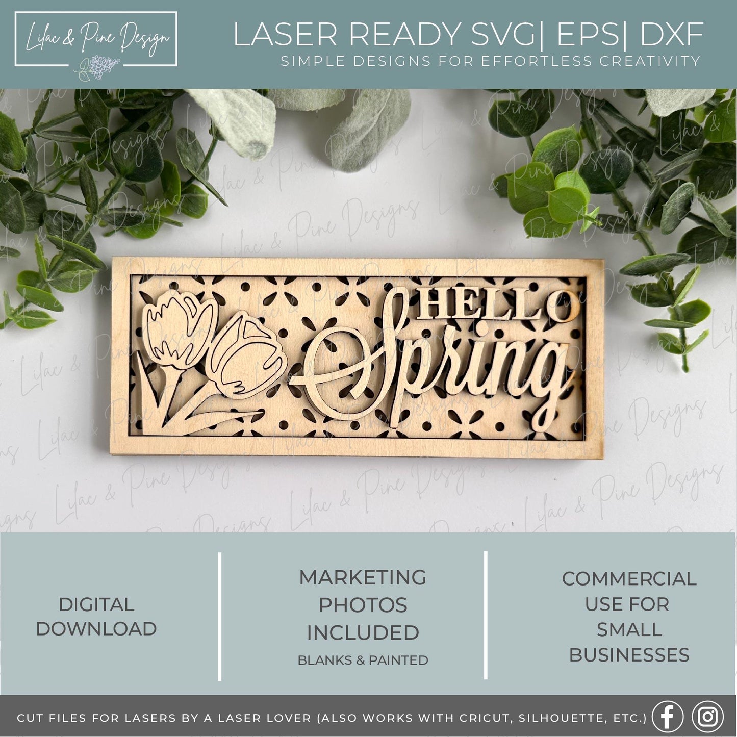 Hello Spring sign SVG, Spring floral decor SVG, Spring tulip sign, digital download, floral shelf sitter SVG, Glowforge Svg, laser cut file