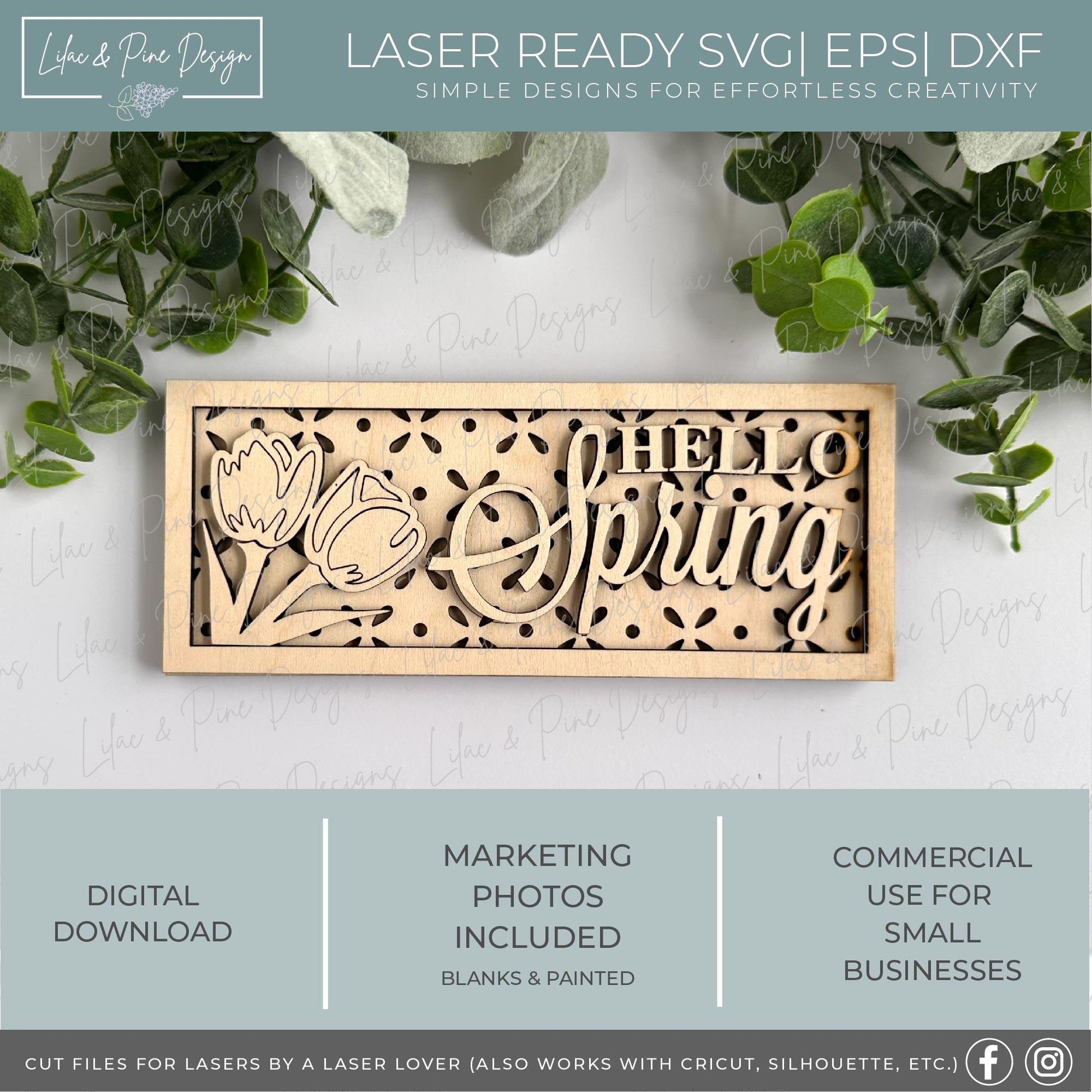 Hello Spring sign SVG, Spring floral decor SVG, Spring tulip sign, digital download, floral shelf sitter SVG, Glowforge Svg, laser cut file