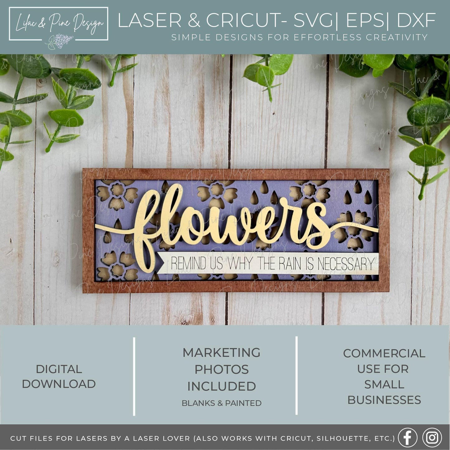 Flowers and rain SVG, Spring floral decor SVG, Spring flower sign, digital download, floral shelf sitter SVG, Glowforge Svg, laser cut file