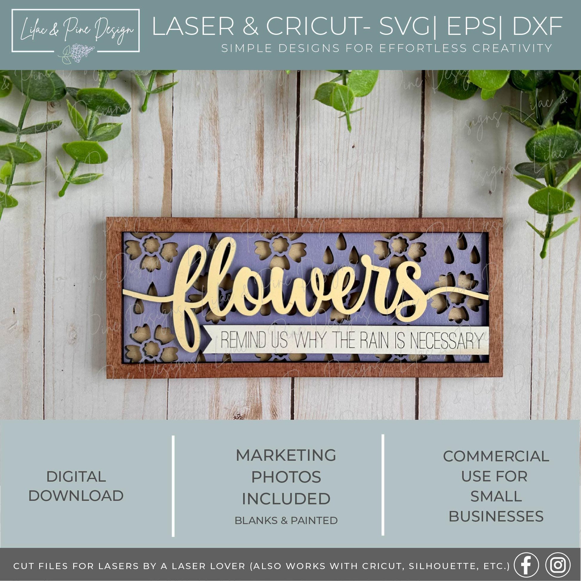 Flowers and rain SVG, Spring floral decor SVG, Spring flower sign, digital download, floral shelf sitter SVG, Glowforge Svg, laser cut file