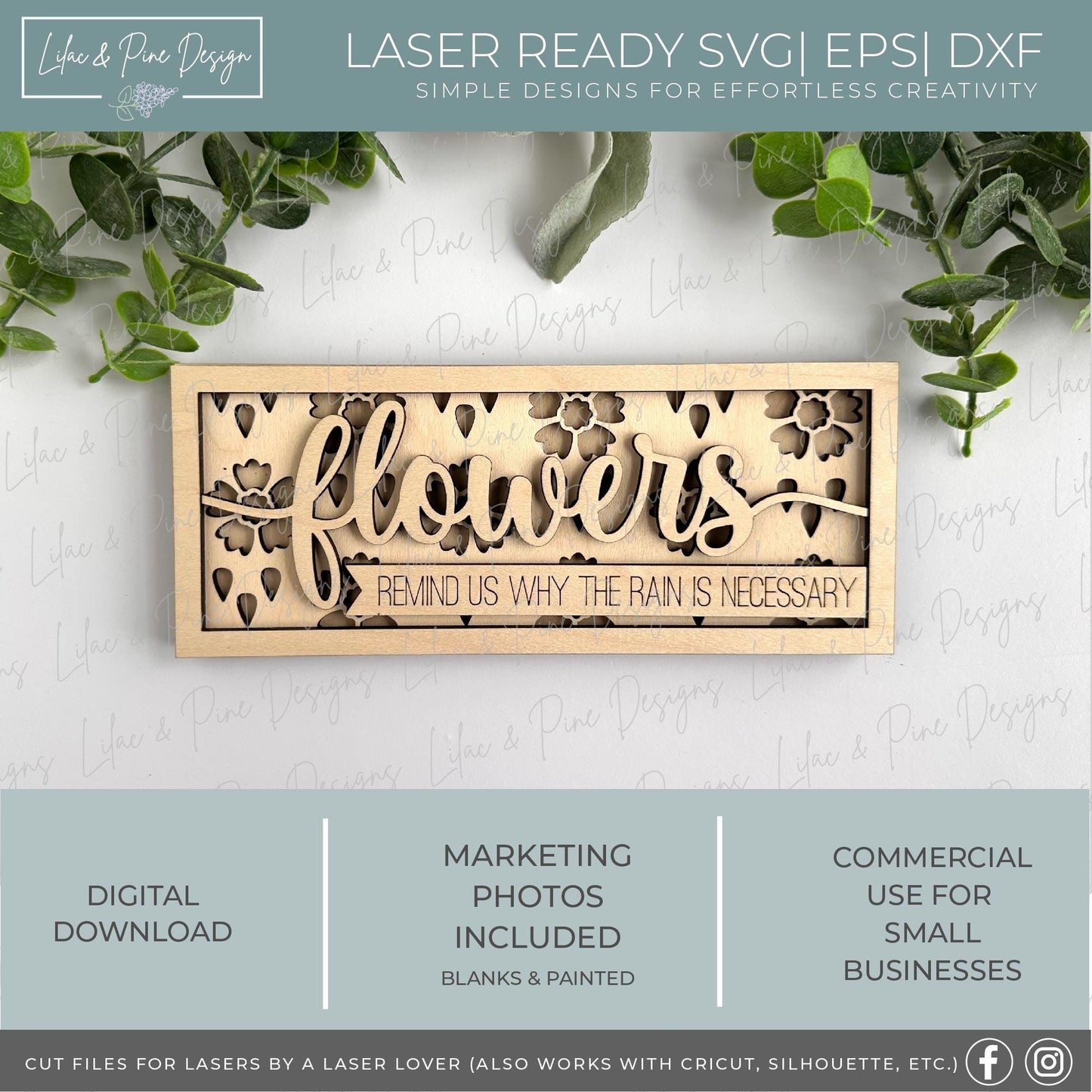Flowers and rain SVG, Spring floral decor SVG, Spring flower sign, digital download, floral shelf sitter SVG, Glowforge Svg, laser cut file