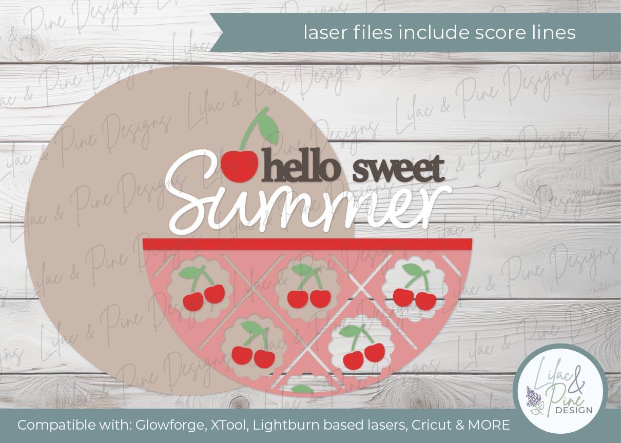 hello sweet summer door hanger SVG, cherry welcome sign, cherries porch decor, Glowforge SVG, laser cut file, Cricut SVG, digital download