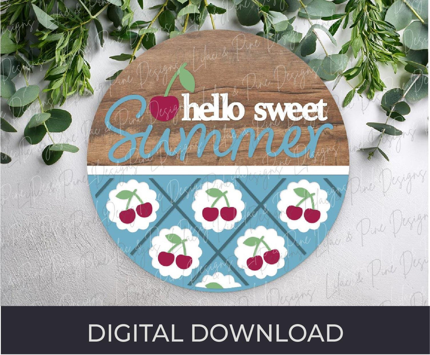 hello sweet summer door hanger SVG, cherry welcome sign, cherries porch decor, Glowforge SVG, laser cut file, Cricut SVG, digital download