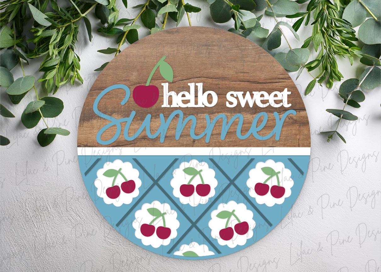 hello sweet summer door hanger SVG, cherry welcome sign, cherries porch decor, Glowforge SVG, laser cut file, Cricut SVG, digital download