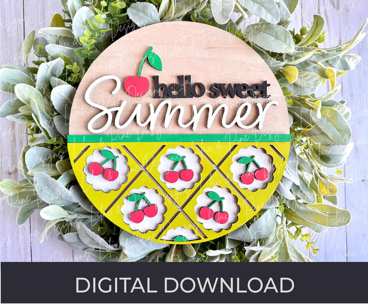 hello sweet summer door hanger SVG, cherry welcome sign, cherries porch decor, Glowforge SVG, laser cut file, Cricut SVG, digital download