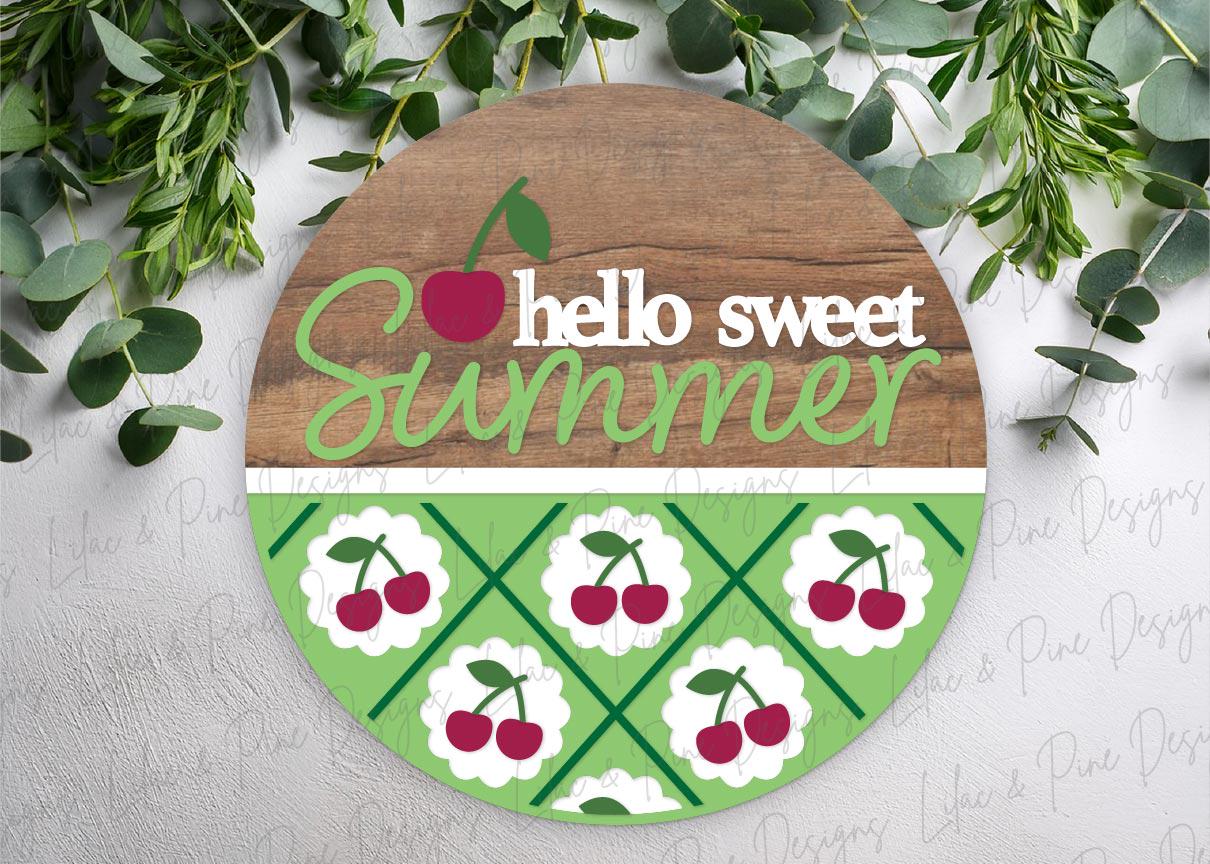 hello sweet summer door hanger SVG, cherry welcome sign, cherries porch decor, Glowforge SVG, laser cut file, Cricut SVG, digital download
