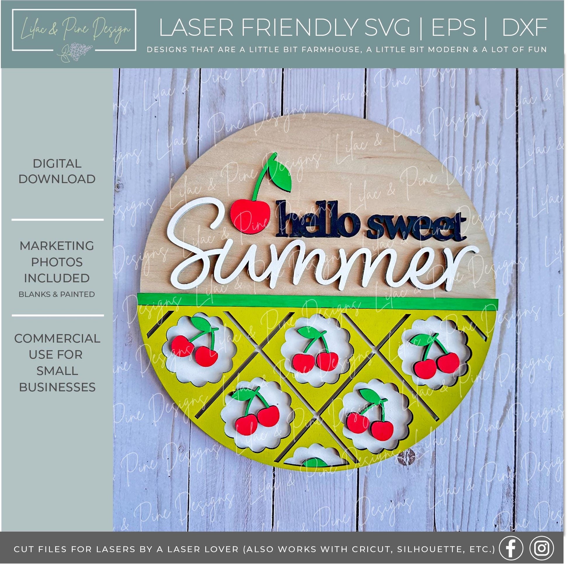 hello sweet summer door hanger SVG, cherry welcome sign, cherries porch decor, Glowforge SVG, laser cut file, Cricut SVG, digital download