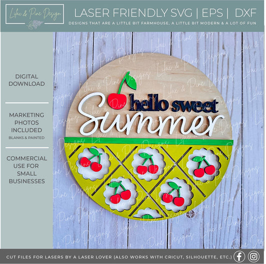 hello sweet summer door hanger SVG, cherry welcome sign, cherries porch decor, Glowforge SVG, laser cut file, Cricut SVG, digital download