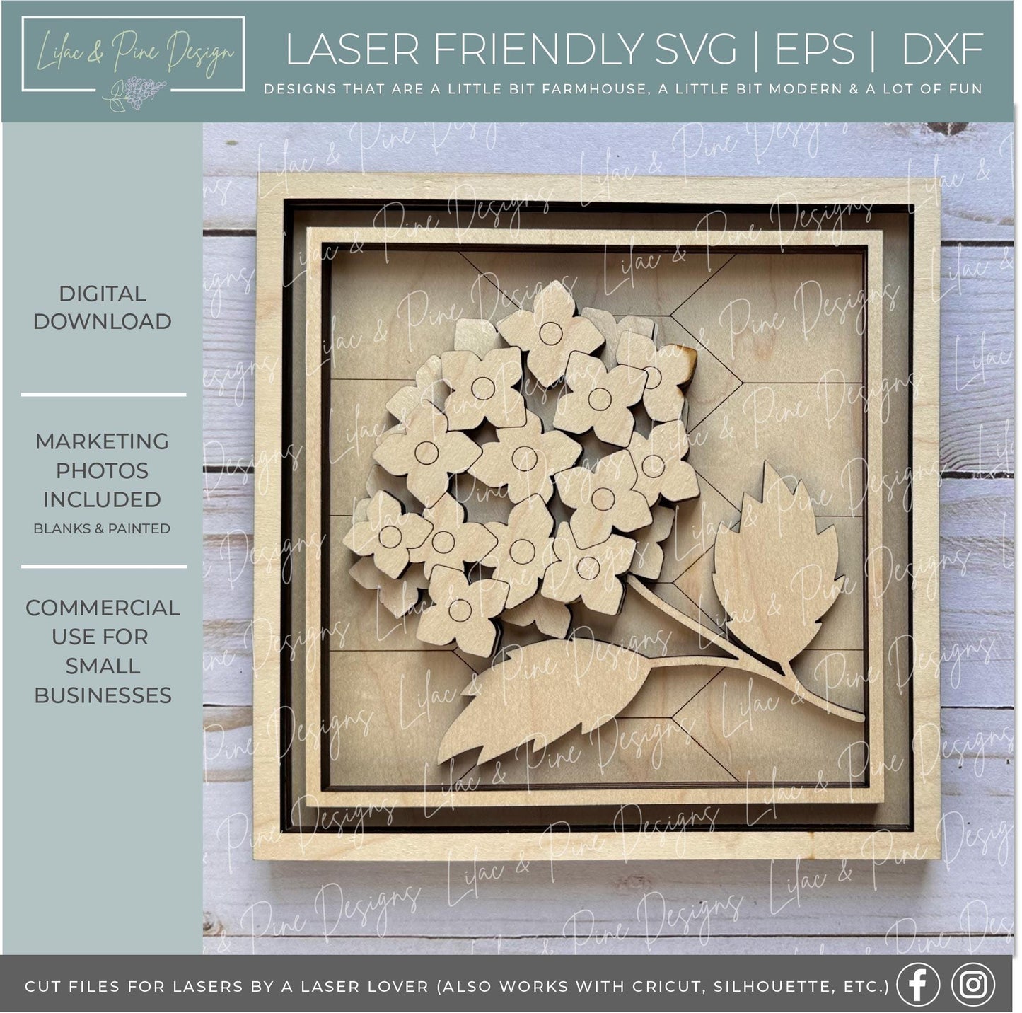 floral sign bundle SVG, hydrangea sign, peony svg, lilac decor, Glowforge SVG, summer flowers, laser cut file, square sign, digital download