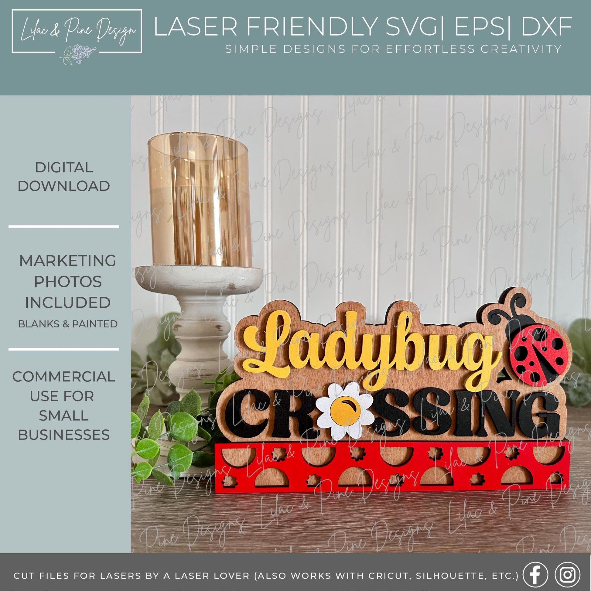 Ladybug crossing SVG, summer mini sign, ladybug chunky shelf sitter SVG, gardening SVG, Glowforge Svg, laser cut file, digital download