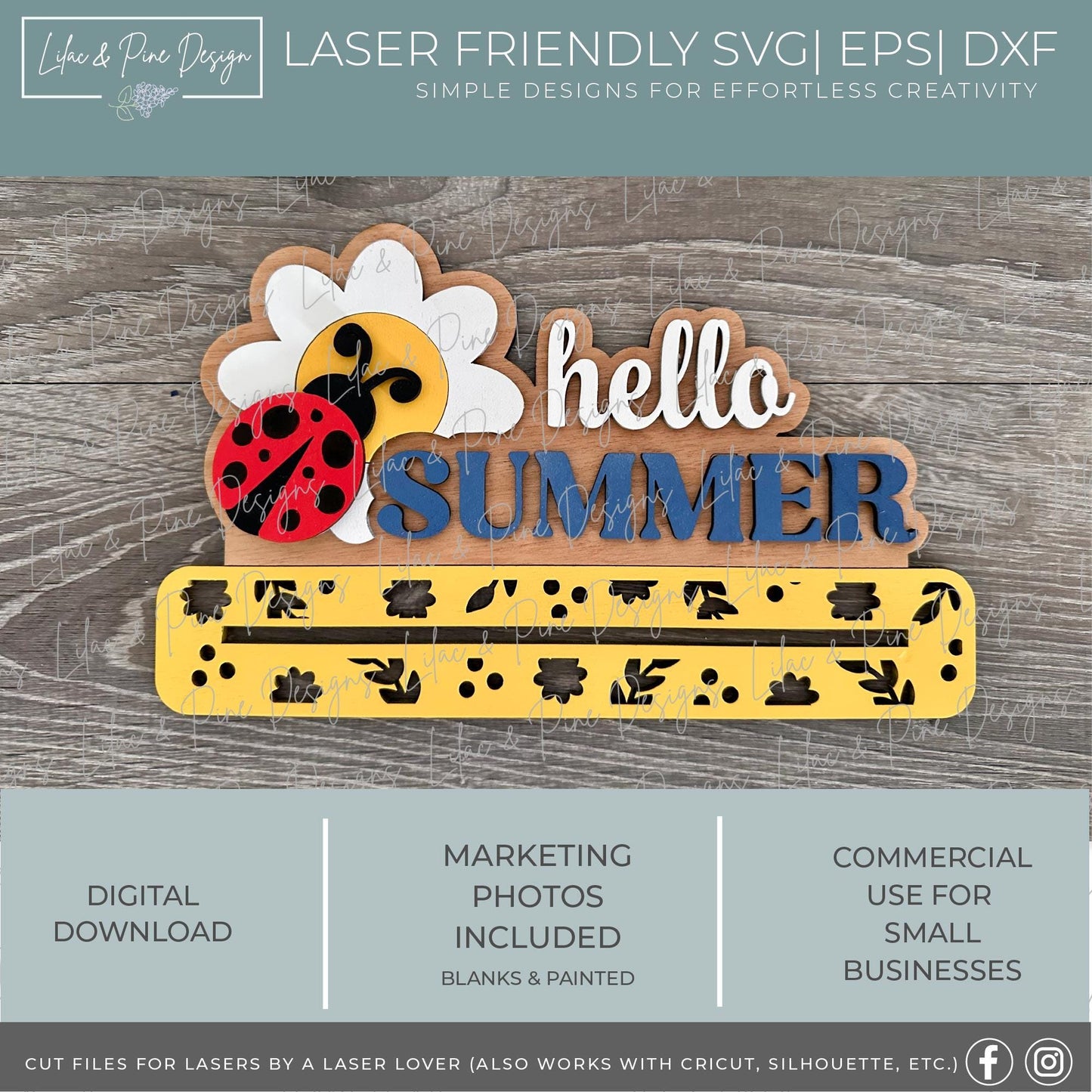 Ladybug shelf sitter SVG, hello summer sign, ladybug shelf sign SVG, word art SVG, Glowforge Svg, laser cut file, digital download